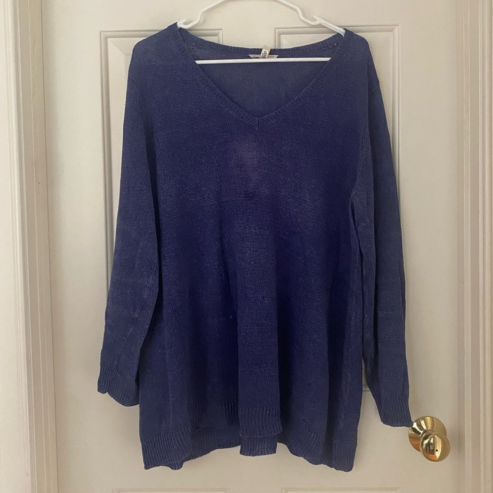 Eileen Fisher Linen Blue V-Neck Sweater